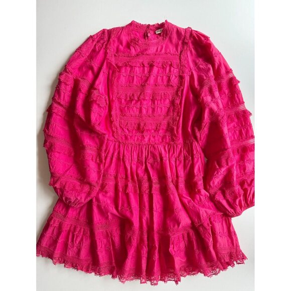 ULLA JOHNSON Amour Fuchsia Pink Cotton Lace Ruffle Balloon Sleeve Dress, Size 6 - Picture 8 of 16